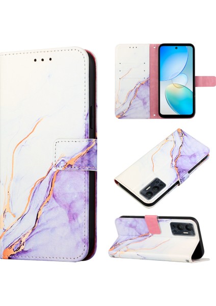 Hot 12 / X6817 Için Mermer Desenli Pu Deri Cüzdan Telefon Kılıfı - Beyaz / Mor (Yurt Dışından)