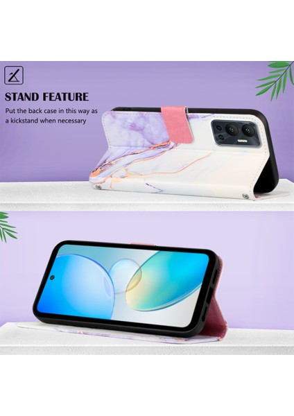 Hot 12 / X6817 Için Mermer Desenli Pu Deri Cüzdan Telefon Kılıfı - Beyaz / Mor (Yurt Dışından)