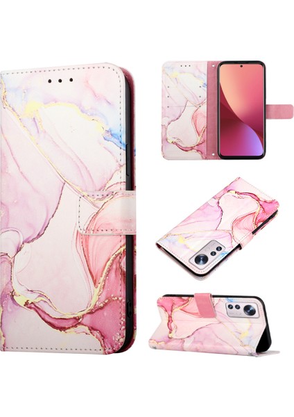 12 Lite Için Mermer Desenli Pu Deri Cüzdan Telefon Kılıfı - Rose Gold (Yurt Dışından)