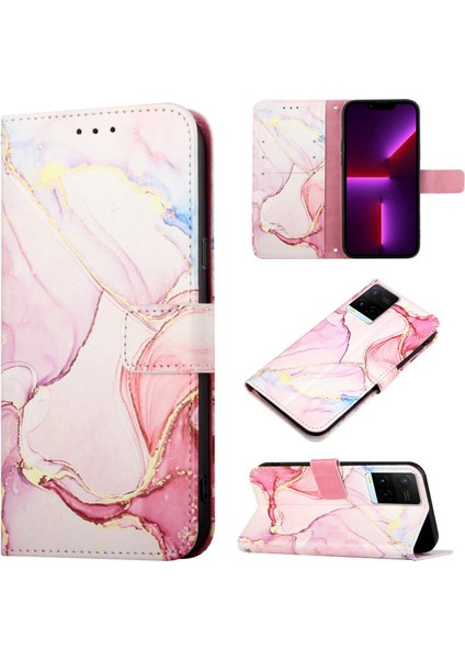 Y21 2021 / Y33S Y21S Için Mermer Desenli Pu Deri Cüzdan Telefon Kılıfı - Rose Gold (Yurt Dışından)