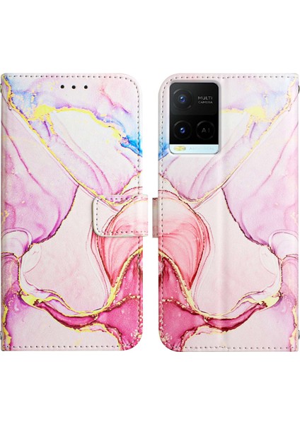 Y21 2021 / Y33S Y21S Için Mermer Desenli Pu Deri Cüzdan Telefon Kılıfı - Rose Gold (Yurt Dışından)