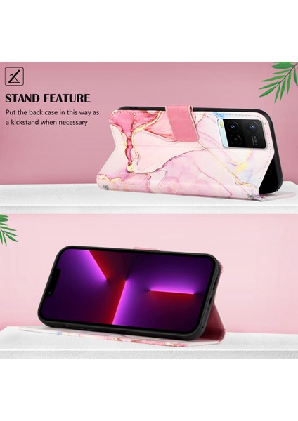 Y21 2021 / Y33S Y21S Için Mermer Desenli Pu Deri Cüzdan Telefon Kılıfı - Rose Gold (Yurt Dışından)