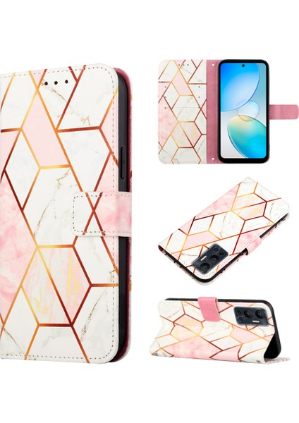 Hot 12 / X6817 Için Mermer Desenli Pu Deri Cüzdan Telefon Kılıfı - Pembe / Beyaz (Yurt Dışından)