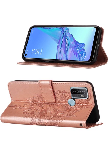 A53 4g / A32 4g / A53S 4g / A33 4g Için Kelebek Pu Deri Çevirmeli Cüzdan Stand Telefon Kılıfı - Rose Gold (Yurt Dışından)