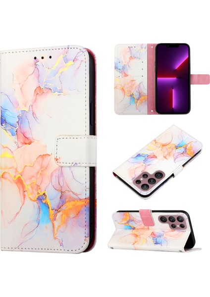 Galaxy S22 Ultra Için Mermer Desenli Pu Deri Cüzdan Telefon Kılıfı - Renkli (Yurt Dışından)
