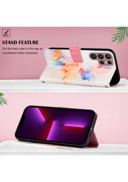Galaxy S22 Ultra Için Mermer Desenli Pu Deri Cüzdan Telefon Kılıfı - Renkli (Yurt Dışından)