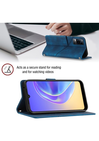 V20 V21E 4g Y73 2021 Için Deri Cüzdan Flip Stand Telefon Kılıfı - Mavi (Yurt Dışından)