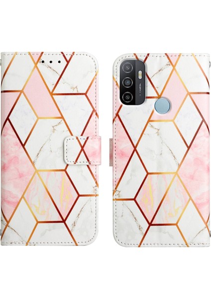 A53 4g / A32 4g / A53S 4g / A33 4g Için Mermer Desenli Pu Deri Cüzdan Telefon Kılıfı - Pembe / Beyaz (Yurt Dışından)