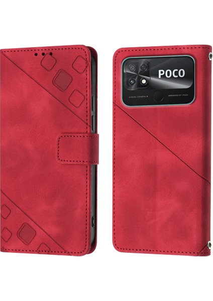 Poco C40 Için Deri Cüzdan Flip Stand Telefon Kılıfı - Kırmızı (Yurt Dışından)