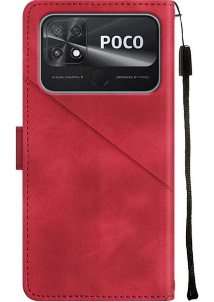 Poco C40 Için Deri Cüzdan Flip Stand Telefon Kılıfı - Kırmızı (Yurt Dışından)
