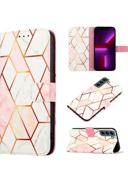 Galaxy S22 Plus Için Mermer Desenli Pu Deri Cüzdan Telefon Kılıfı - Pembe / Beyaz (Yurt Dışından)