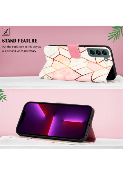 Galaxy S22 Plus Için Mermer Desenli Pu Deri Cüzdan Telefon Kılıfı - Pembe / Beyaz (Yurt Dışından)