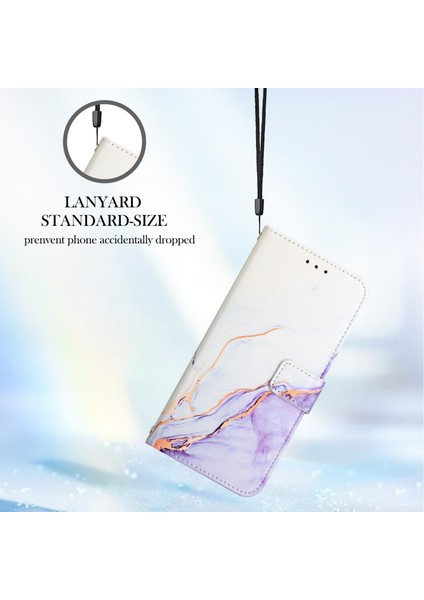 iPhone 12 Mini Için Mermer Desenli Pu Deri Cüzdan Telefon Kılıfı - Beyaz / Mor (Yurt Dışından)