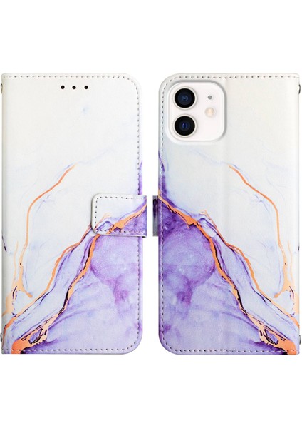 iPhone 12 Mini Için Mermer Desenli Pu Deri Cüzdan Telefon Kılıfı - Beyaz / Mor (Yurt Dışından)
