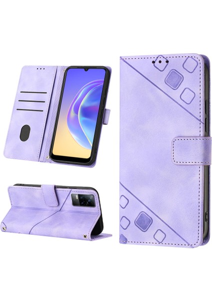 V20 V21E 4g Y73 2021 Için Deri Cüzdan Flip Stand Telefon Kılıfı - Mor (Yurt Dışından)