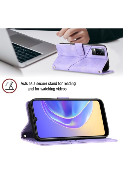 V20 V21E 4g Y73 2021 Için Deri Cüzdan Flip Stand Telefon Kılıfı - Mor (Yurt Dışından)