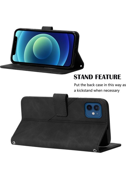 iPhone 12 Mini Için Kabartmalı Pu Deri Stand Cüzdan Telefon Kılıfı - Siyah (Yurt Dışından)