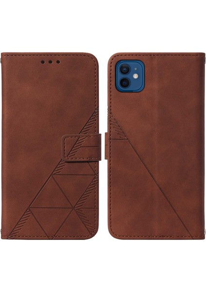 iPhone 12 Mini Için Kabartmalı Pu Deri Stand Cüzdan Telefon Kılıfı - Kahverengi (Yurt Dışından)