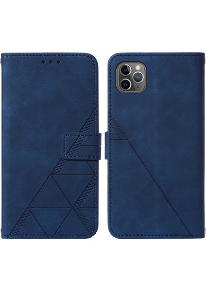 iPhone 11 Pro Max Için Kabartmalı Pu Deri Stand Cüzdan Telefon Kılıfı - Mavi (Yurt Dışından)