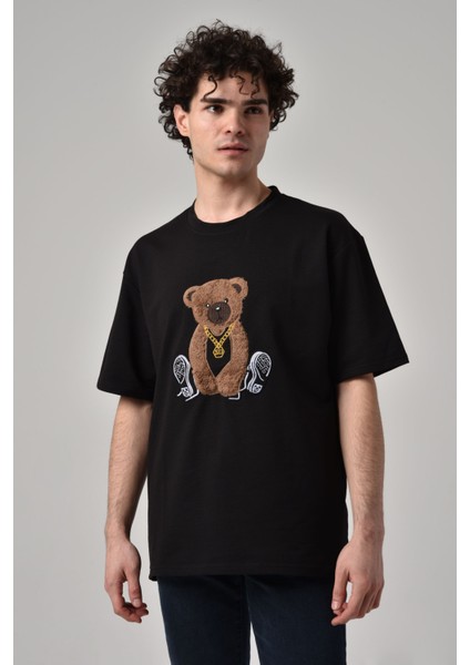Erkek Ayı Nakışlı Oversize Kısa Kollu T-Shirt