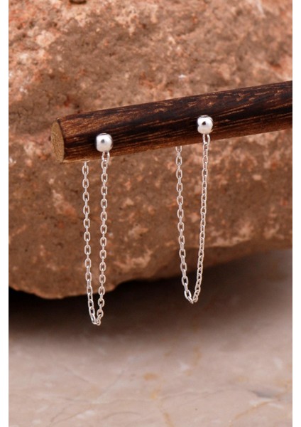 Top Tasarım Rodyumlu Gümüş Zincir Küpe 6106