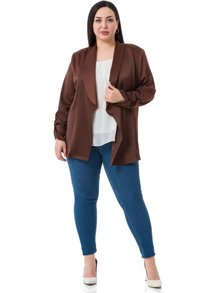 Büyük Beden Şal Yaka Kolu Büzgü Detaylı Astarsız Saten Kahverengi Ceket