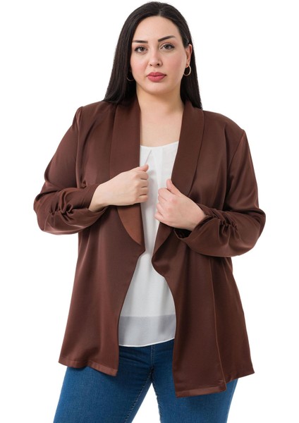 Büyük Beden Şal Yaka Kolu Büzgü Detaylı Astarsız Saten Kahverengi Ceket fiyatları