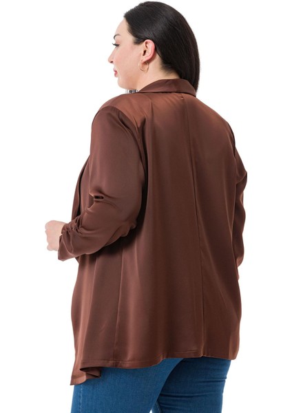 Büyük Beden Şal Yaka Kolu Büzgü Detaylı Astarsız Saten Kahverengi Ceket modelleri