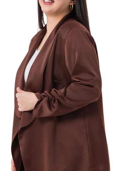 Büyük Beden Şal Yaka Kolu Büzgü Detaylı Astarsız Saten Kahverengi Ceket fırsatları