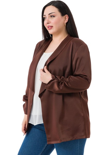Büyük Beden Şal Yaka Kolu Büzgü Detaylı Astarsız Saten Kahverengi Ceket indirimleri