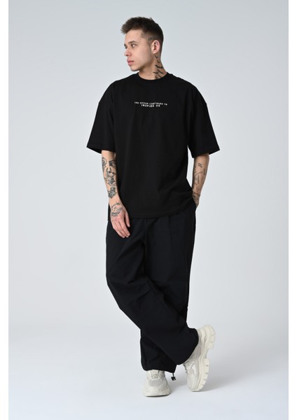 Erkek Harf Kabartma Bsakılı Kısa Kollu Oversize Basic T-Shirt