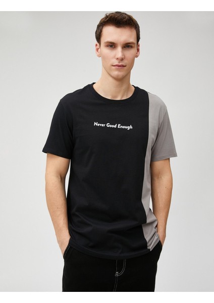 Koton Slogan Baskılı Tişört Bisiklet Yaka Bloklu Dar Kesim Pamuklu