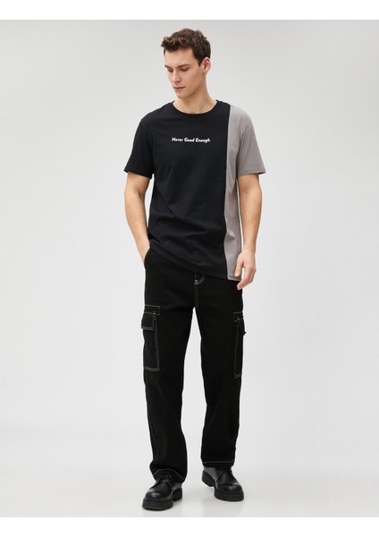 Koton Slogan Baskılı Tişört Bisiklet Yaka Bloklu Dar Kesim Pamuklu fiyatları