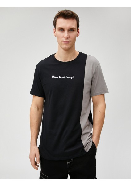 Koton Slogan Baskılı Tişört Bisiklet Yaka Bloklu Dar Kesim Pamuklu modelleri