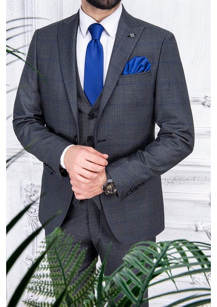 Erkek Slim Fit Sivri Yaka Ekose Yelekli Gri Kombin Takım Elbise