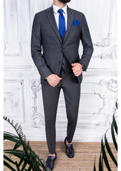 Erkek Slim Fit Sivri Yaka Ekose Yelekli Gri Kombin Takım Elbise fiyatları