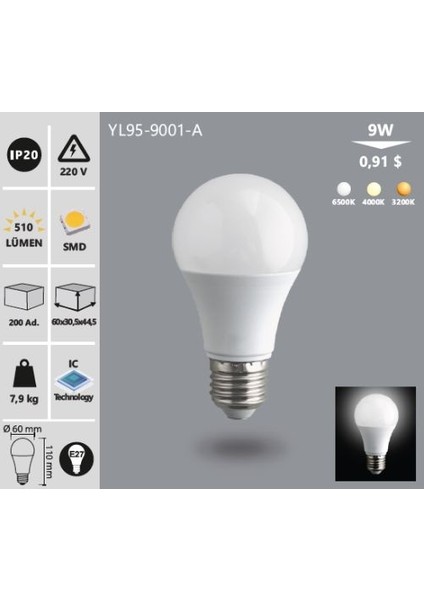 9W LED Ampül Beyaz Işık fiyatları