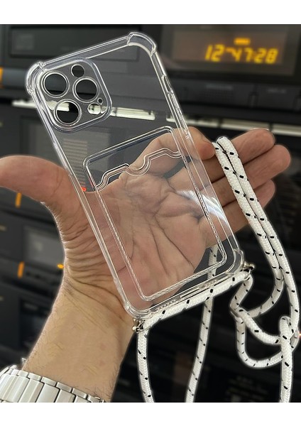 Apple iPhone 8 ile Uyumlu Ipli Boyun Askılı Silikon Kılıf Şeffaf Renk Kartlıklı Dulcet Epiphany Kılıf