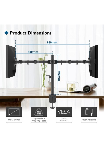 EF52 Steel Design 2-8 kg Çift Kol 13"-27" Asansörlü Monitör Standı