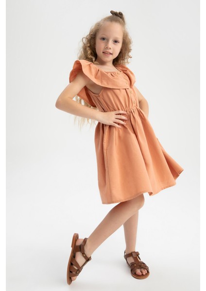 Kız Çocuk Esnek Carmen Yaka Kısa Kolsuz Poplin Elbise W7763A622SM