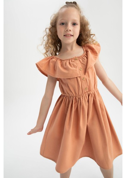 Kız Çocuk Esnek Carmen Yaka Kısa Kolsuz Poplin Elbise W7763A622SM fırsatları