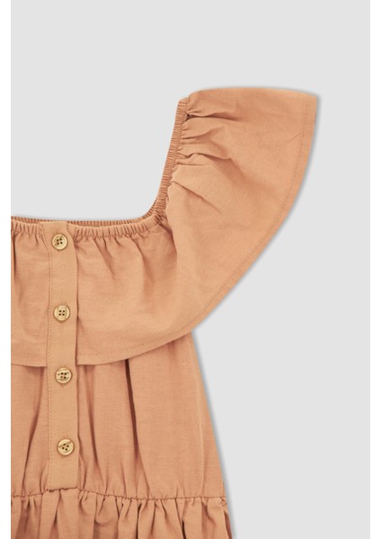 Kız Çocuk Esnek Carmen Yaka Kısa Kolsuz Poplin Elbise W7763A622SM