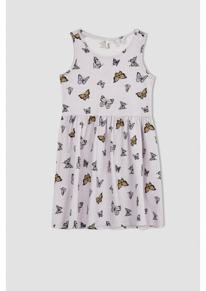 Kız Çocuk Regular Fit Kelebek Desenli Kolsuz Pamuklu Penye Yazlık Elbise T2575A622SM