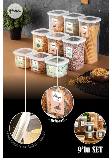 Renkli Etiketli Kare Erzak Saklama Kabı Seti Beyaz 9'lu