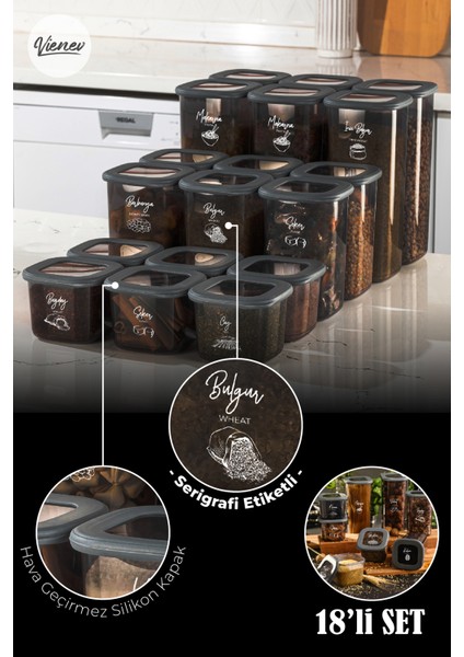Beyaz Serigrafi Etiketli Kare Erzak Saklama Kabı Seti Antrasit 18'li