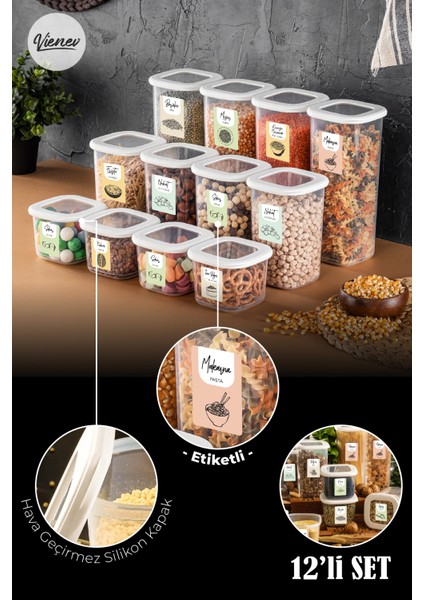 Renkli Etiketli Kare Erzak Saklama Kabı Seti Beyaz 12'li
