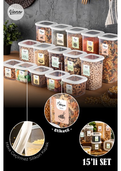 Renkli Etiketli Kare Erzak Saklama Kabı Seti Beyaz 15'li