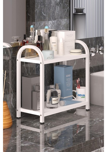 Banyo-Mutfak Toparlayıcı Düzenleyici Organizer 2 Katlı Geniş Metal Beyaz Bambu Tezgah Üstü Raf