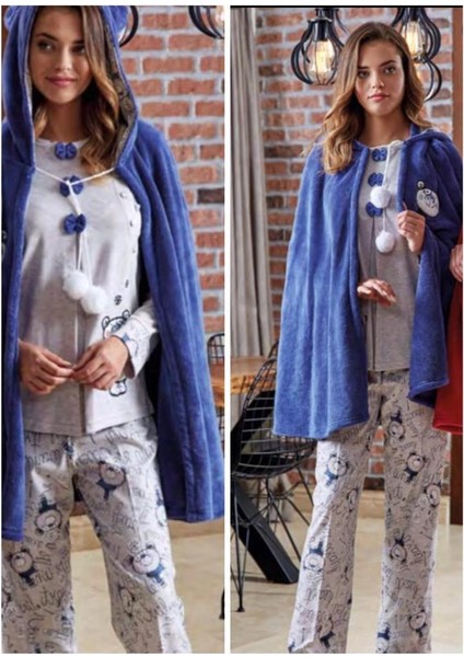 4611 Mavi Pelerinli Hamile Lohusa 3 Lü Pijama Sabahlık Takım