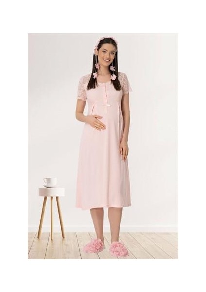 5407 Pembe Dantelli Hamile Lohusa Geceliği